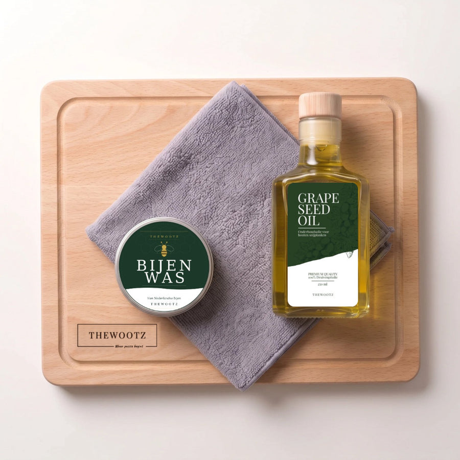 Luxe snijplank met sapgeul met onderhoudsset: TheWootz snijplank olie 250 ml, bijenwas en microvezeldoek