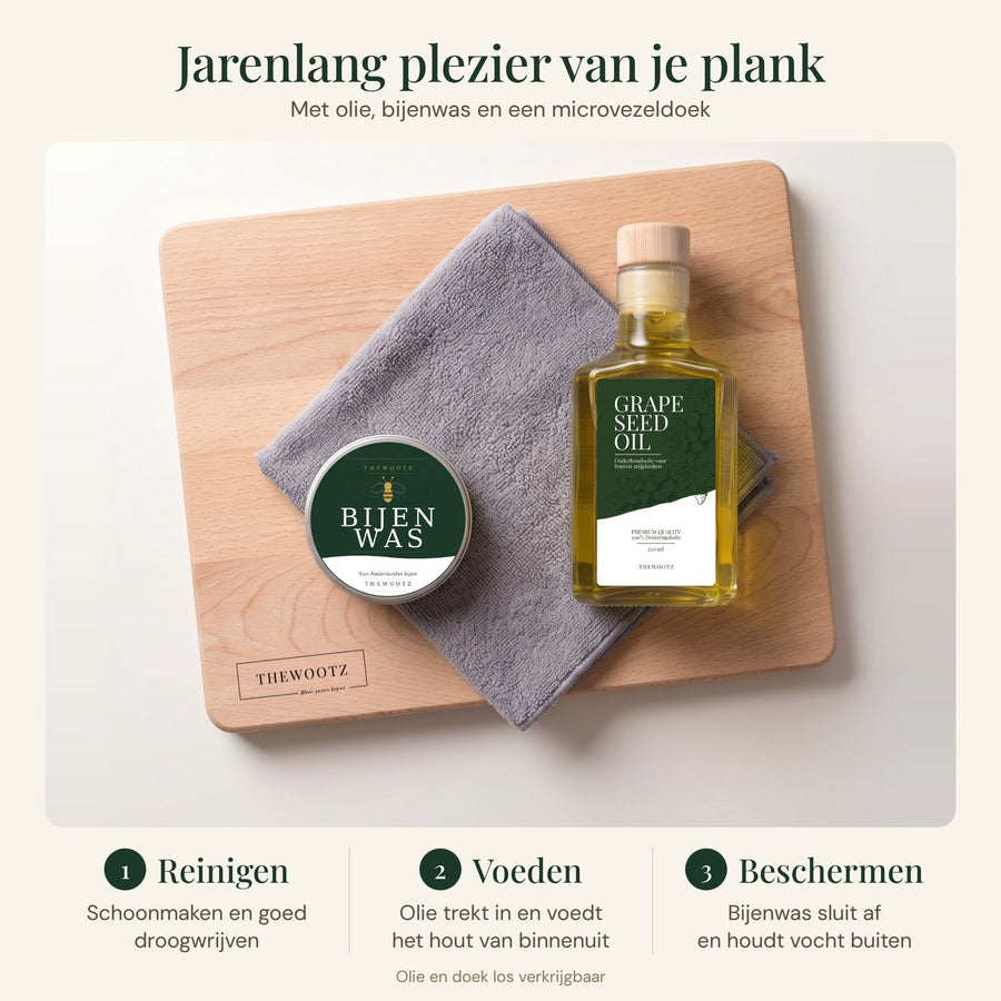TheWootz bijenwas en snijplank olie met microvezeldoek op een houten plank: reinigen, voeden, beschermen