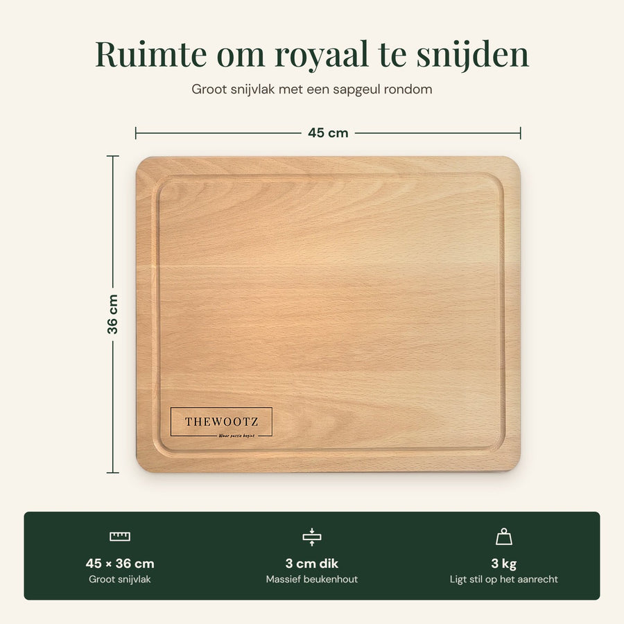 Afmetingen luxe snijplank met sapgeul: 45 x 36 cm, 3 cm dik