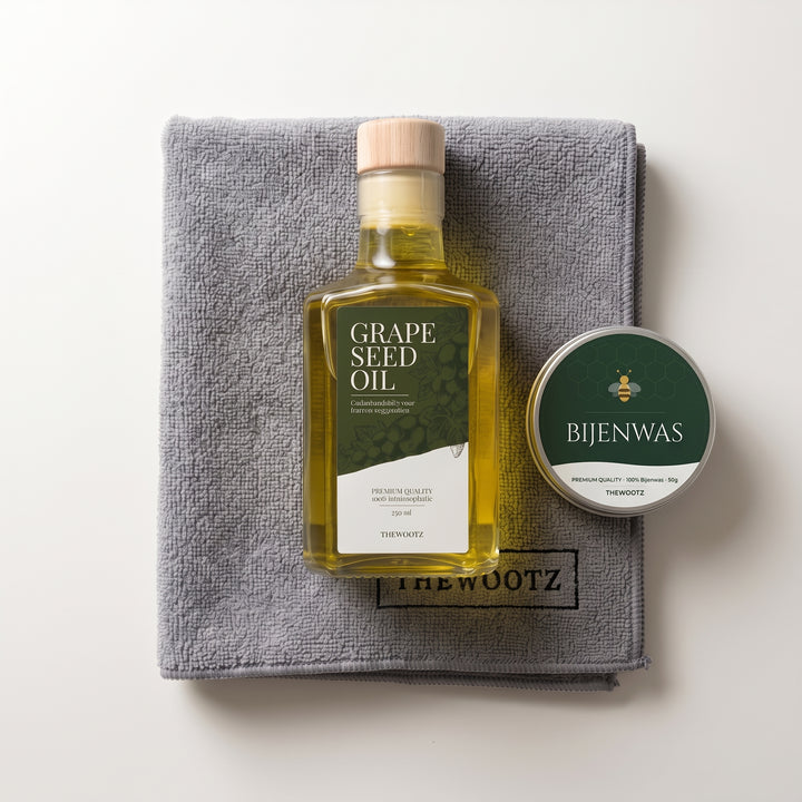 Complete onderhoudsset: druivenpitolie 250 ml, blik bijenwas en grijze microvezeldoek