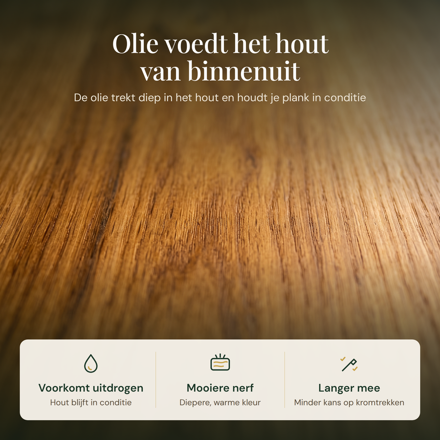 Olie voedt het hout van binnenuit: voorkomt uitdrogen, mooiere nerf en langer mee