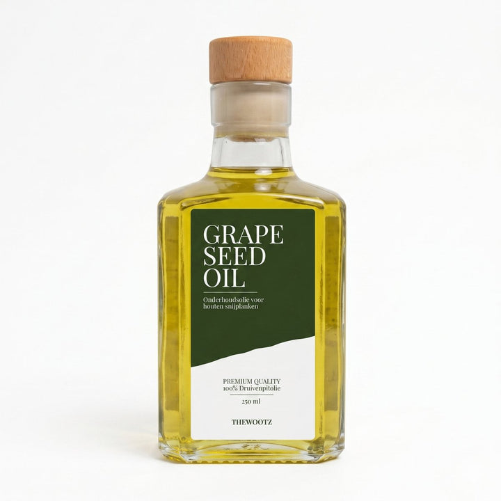 Fles TheWootz druivenpitolie van 250 ml voor houten snijplanken.