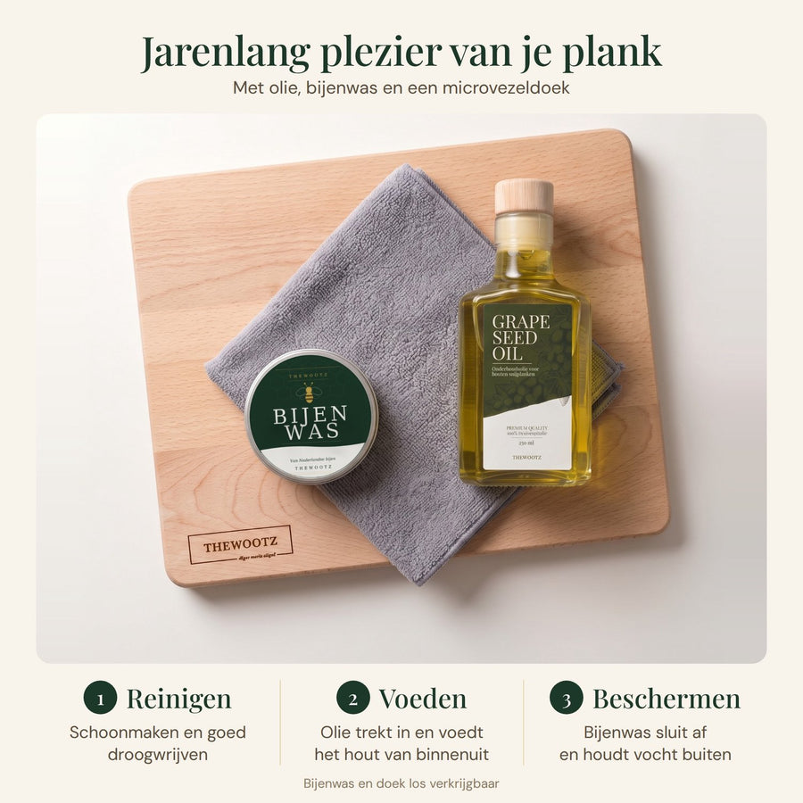 Houten snijplank met druivenpitolie, een blikje bijenwas en een grijze microvezeldoek voor onderhoud.