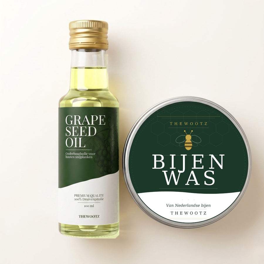 TheWootz flesje druivenpitolie en blikje bijenwas met groen-witte etiketten.