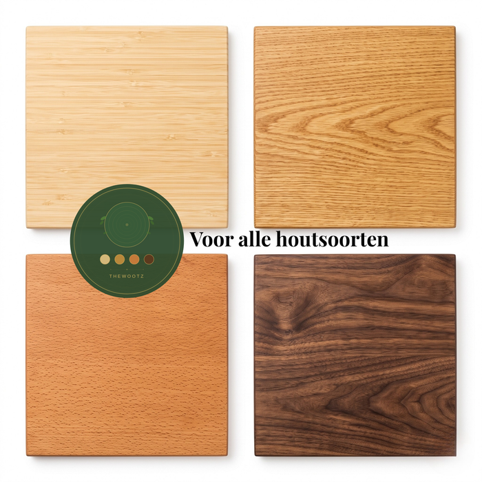 Vier verschillende houtsoorten naast elkaar: TheWootz onderhoudsolie is geschikt voor alle houtsoorten