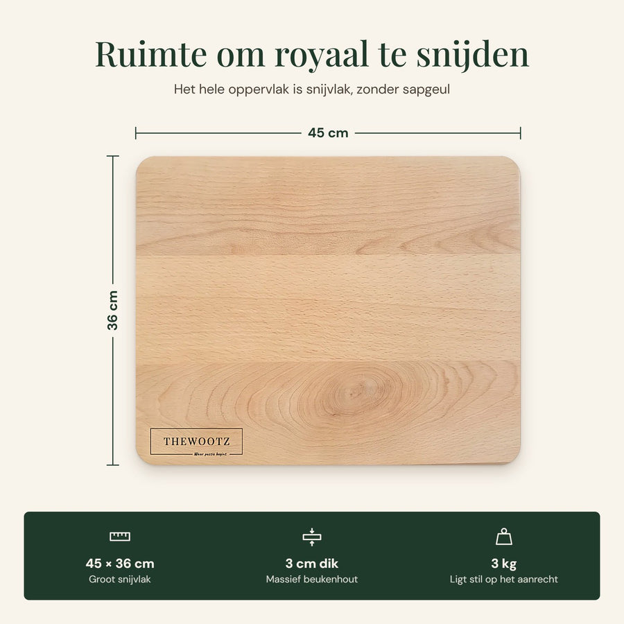 Afmetingen houten snijplank beukenhout: 45 x 36 cm, 3 cm dik