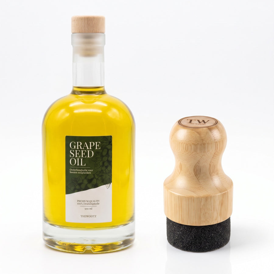 Inoliëset 500 ml: fles TheWootz druivenpitolie en olie-applicator van bamboe