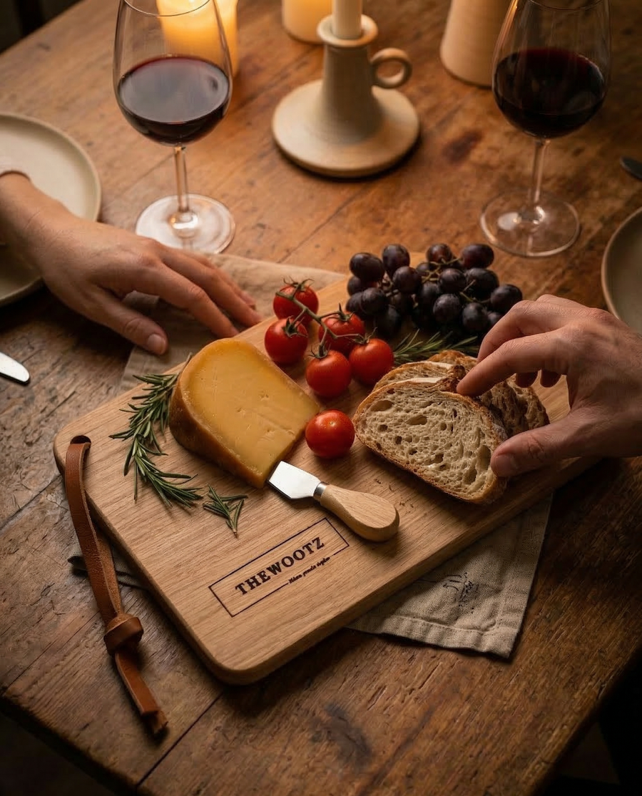 Een TheWootz borrelplank op tafel met brood, kaas en tomaten