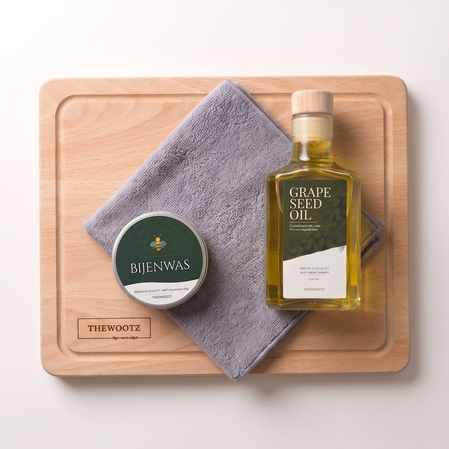 Luxe snijplank met sapgeul en onderhoudsset: druivenpitolie, blik bijenwas en microvezeldoek