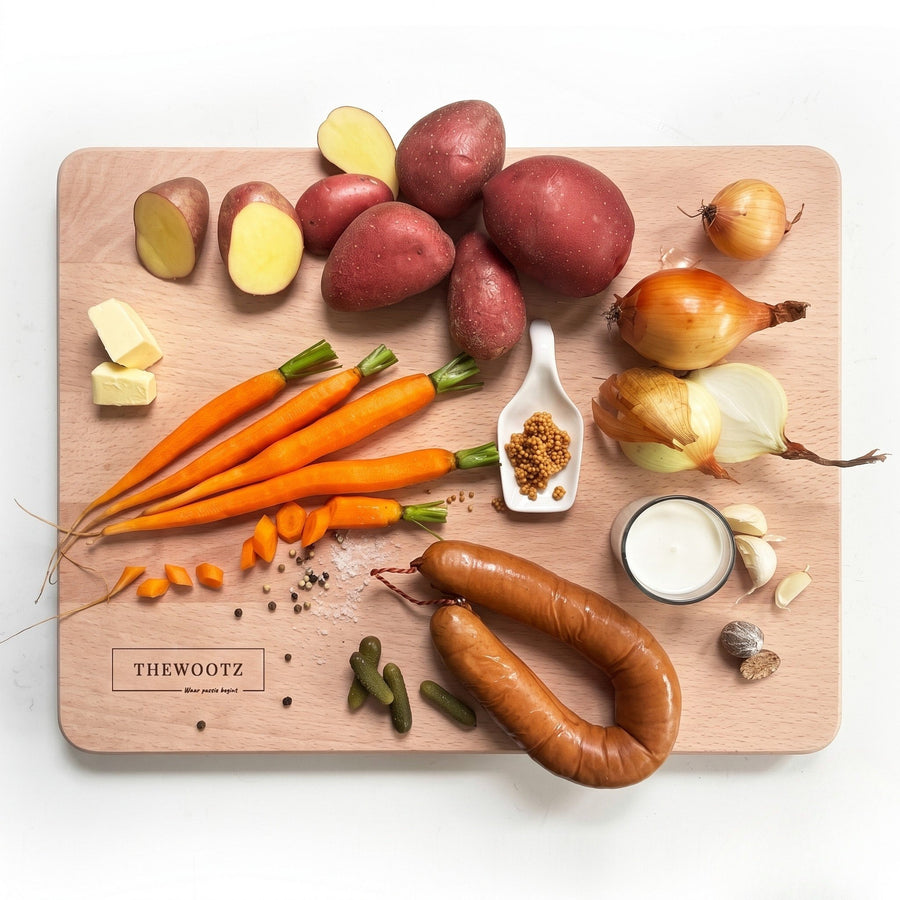 Aardappelen, wortels, uien en rookworst voor hutspot op een beukenhouten snijplank, van bovenaf