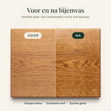 Voor en na bijenwas: houten plank links onbehandeld, rechts met bijenwas voor een diepere kleur en glans
