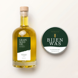 TheWootz onderhoudsset 500 ml van boven: fles druivenpitolie en blik bijenwas 50 g