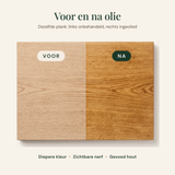 Voor en na olie: houten plank links onbehandeld, rechts ingeolied met een diepere kleur