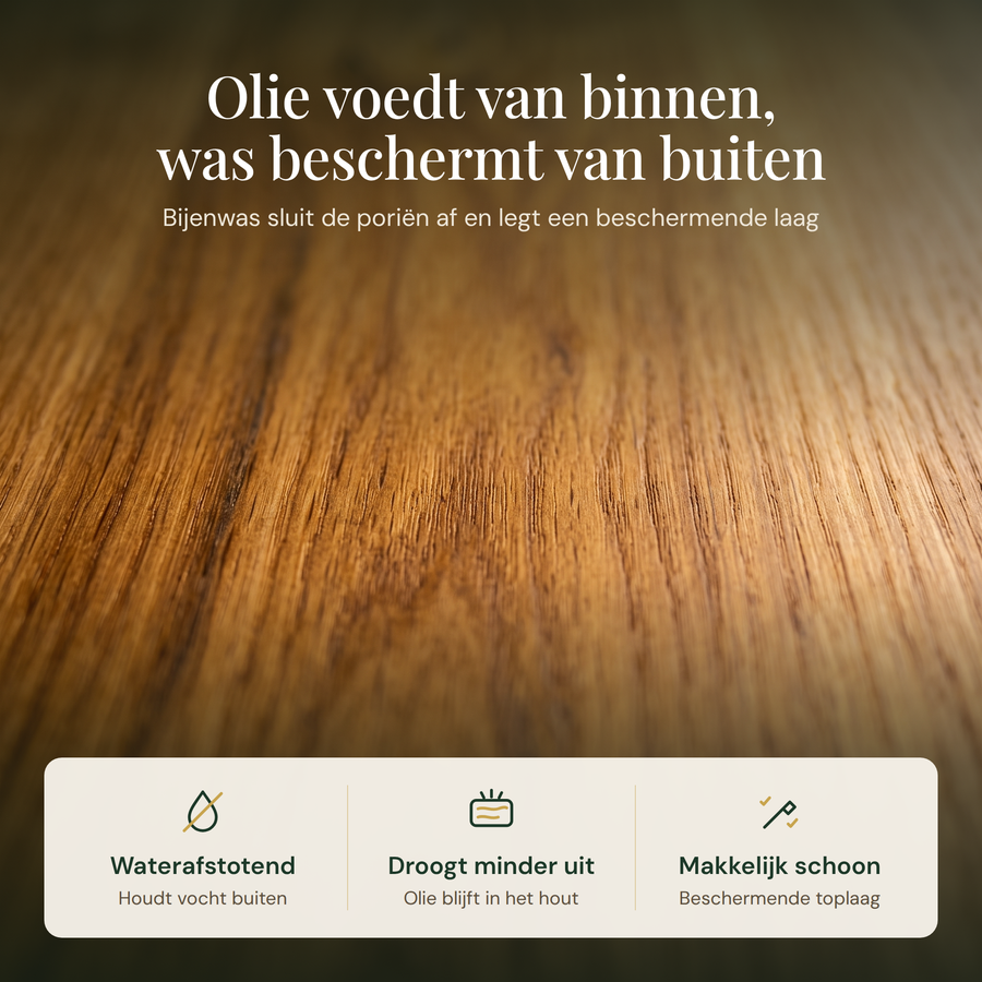 Olie voedt van binnen, was beschermt van buiten: waterafstotend, droogt minder uit en makkelijk schoon