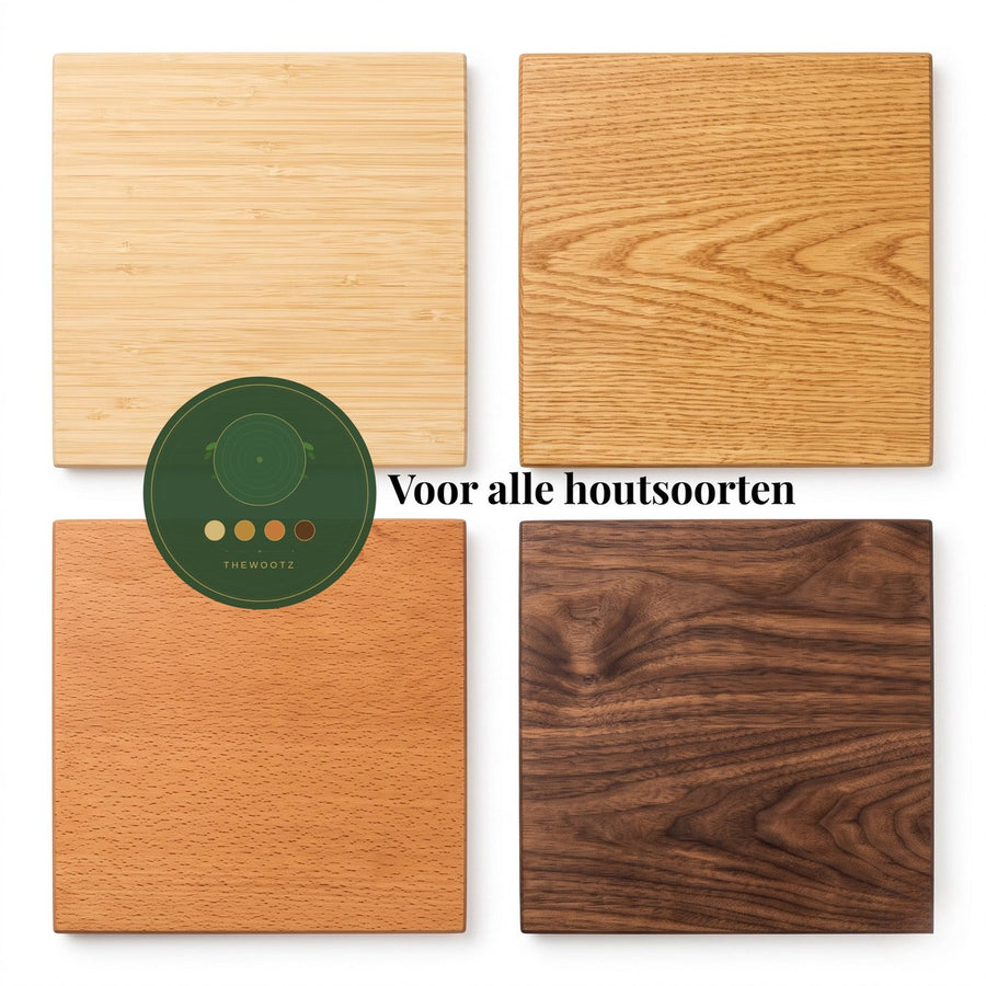 Vier snijplanken van verschillende houtsoorten: bamboe, eiken, beuken en walnoot. Tekst: Voor alle houtsoorten.