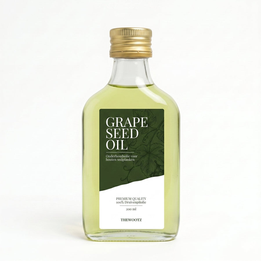 Fles druivenpitolie van 200 ml met een goudkleurige dop en een groen-wit etiket met botanische illustratie.