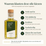 Voordelen van de druivenpitolie: snelle absorptie, niet plakkerig, reukloos, voedselveilig en glazen fles.