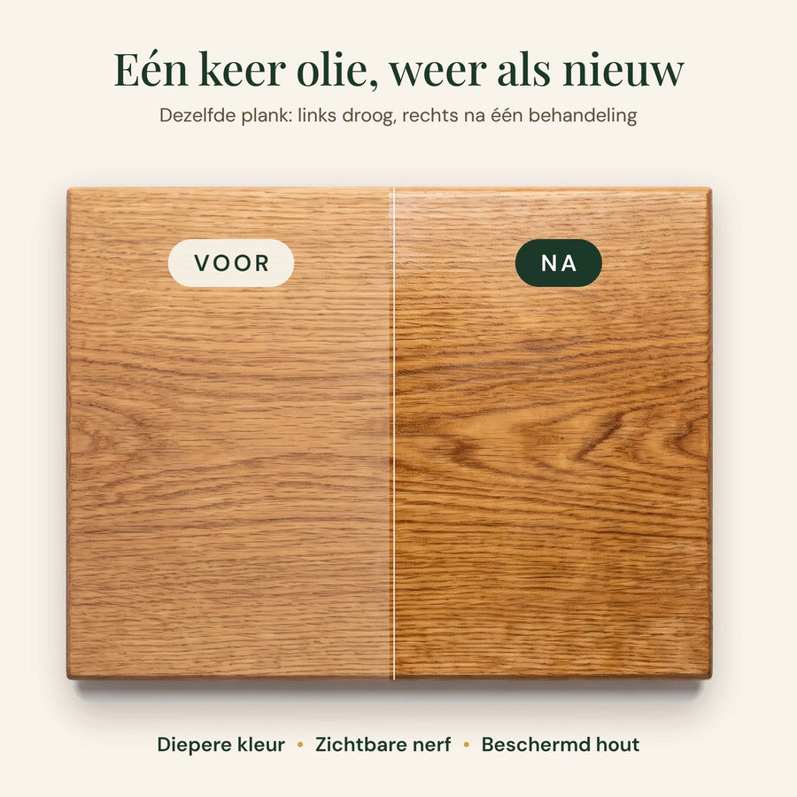 Vergelijking van houten plank: links droog, rechts behandeld met olie voor een diepere kleur.