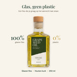 250 ml glazen fles druivenpitolie voor houten snijplanken met een houten kurk, 100% plasticvrij.