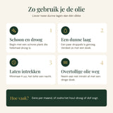 Gebruiksaanwijzing: 1. Reinigen, 2. Dun laagje olie aanbrengen, 3. Intrekken, 4. Overtollige olie verwijderen.