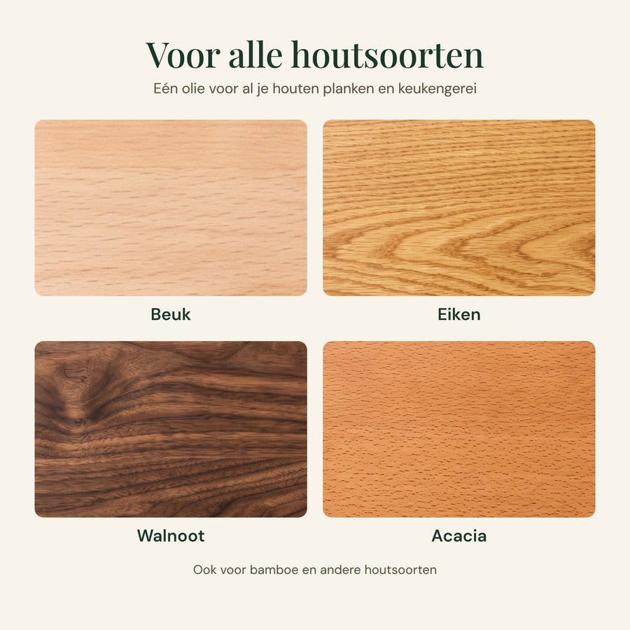 Vier houtsoorten: beuken, eiken, walnoot en acacia, als voorbeelden voor gebruik van de onderhoudsolie.