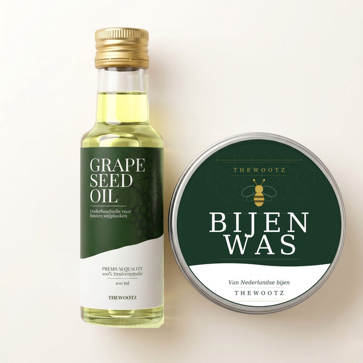 TheWootz flesje druivenpitolie en blikje bijenwas met groen-witte etiketten.